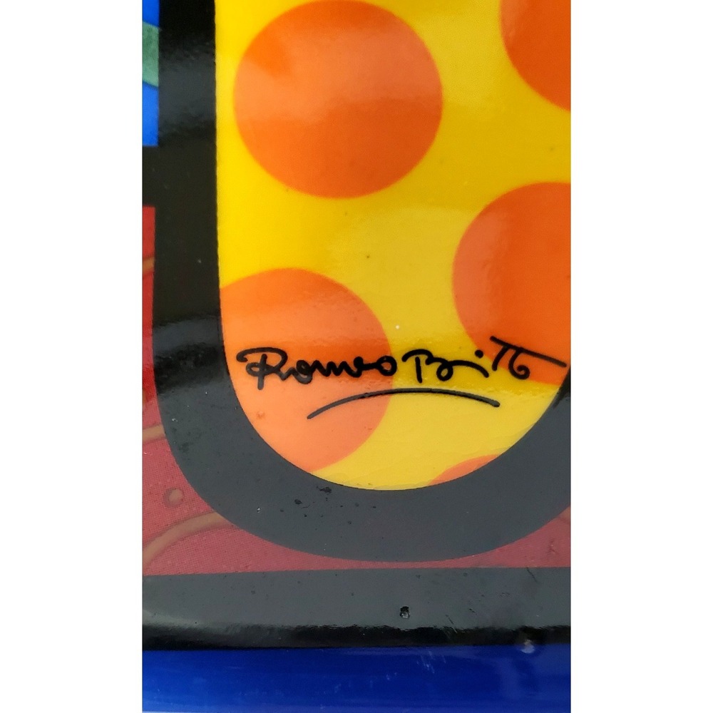 Romero Britto Bold Multicolored Ceramic Plate Happy Cat 8"x8" Crackle Glaze 2008 - Picture 5 of 9